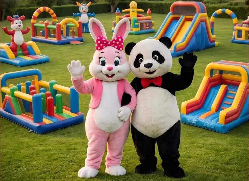 Mascotte Panda e Coniglio con i bambini a una festa