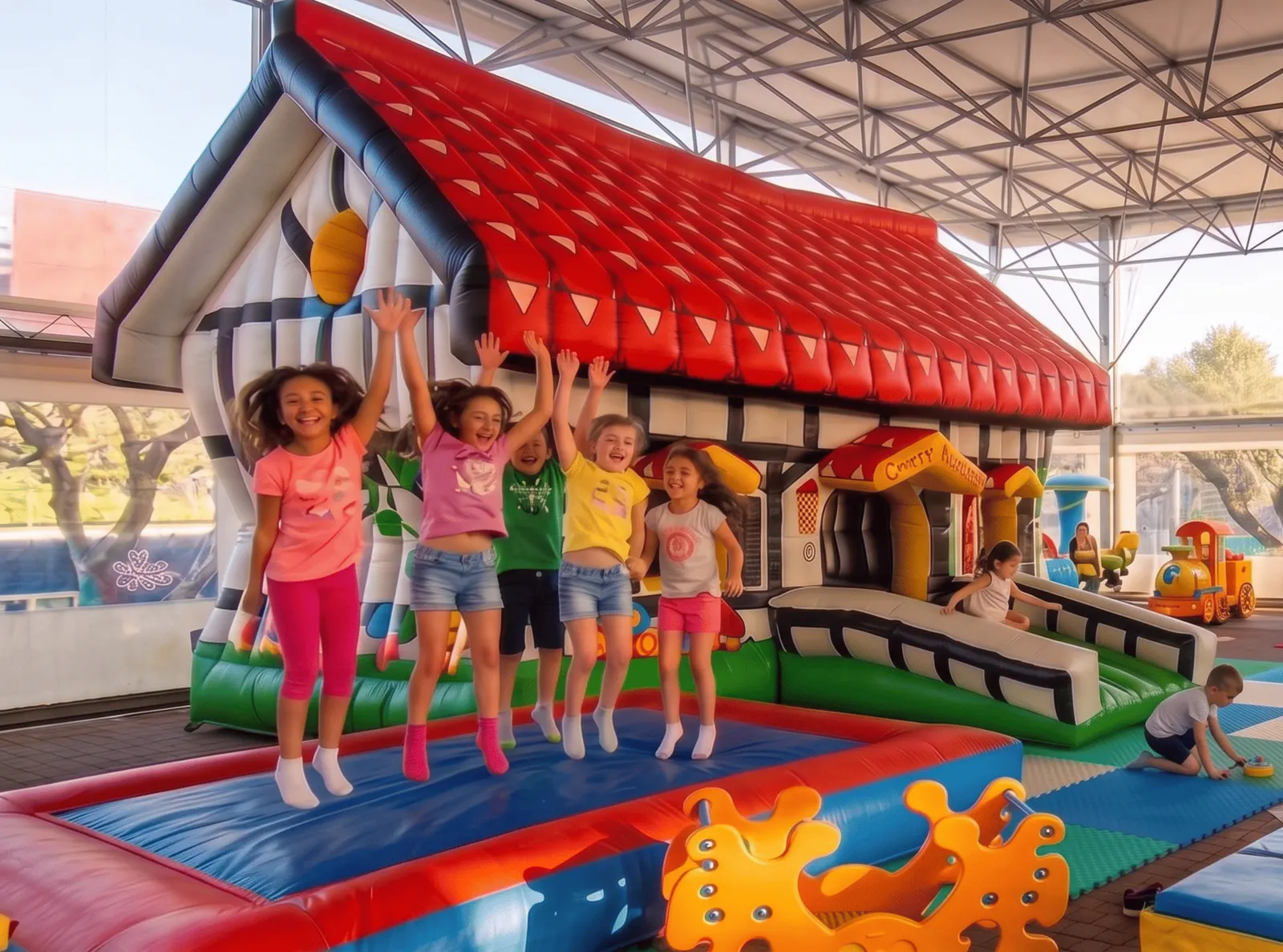Bambini che saltano felici sui gonfiabili al Play Village di Frascati